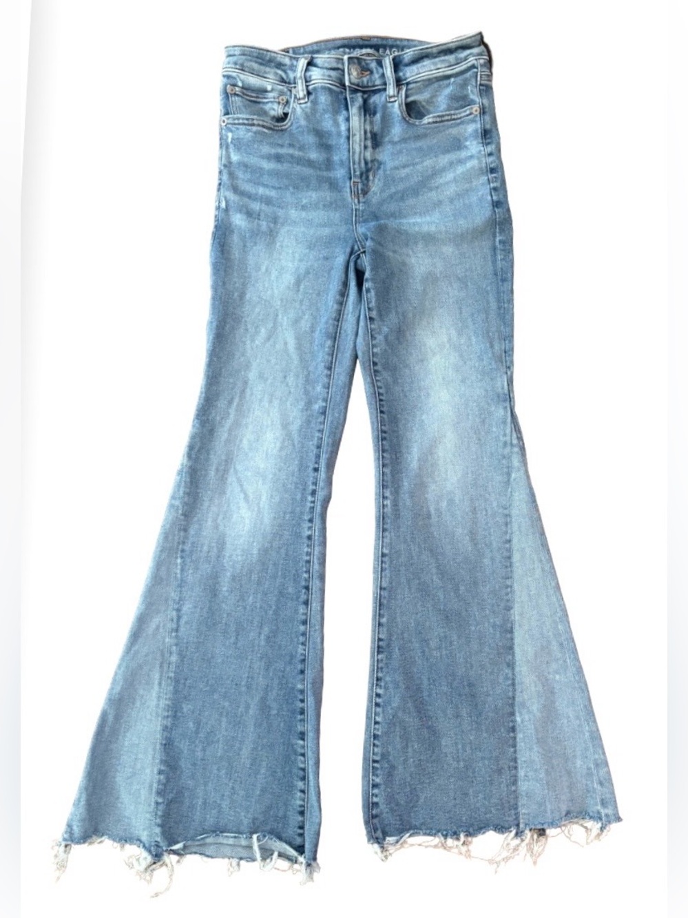American Eagle lt wash patchwork flare blue jns WM 6 boho hippie festival